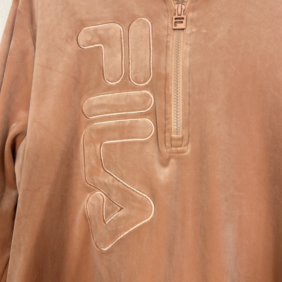 FILA Soft Blush Pink Embroidered Lettering Quarter Zip Velour Sweatshirt Hoodie - Picture 2 of 9